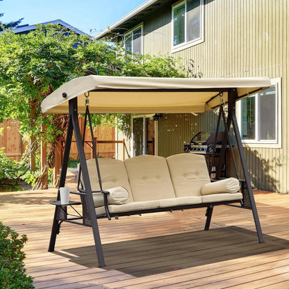 Outsunny Swing Chair Hammock Chair 3 Seater Canopy Cushion Shelter Outdoor Bench Steel Beige 1