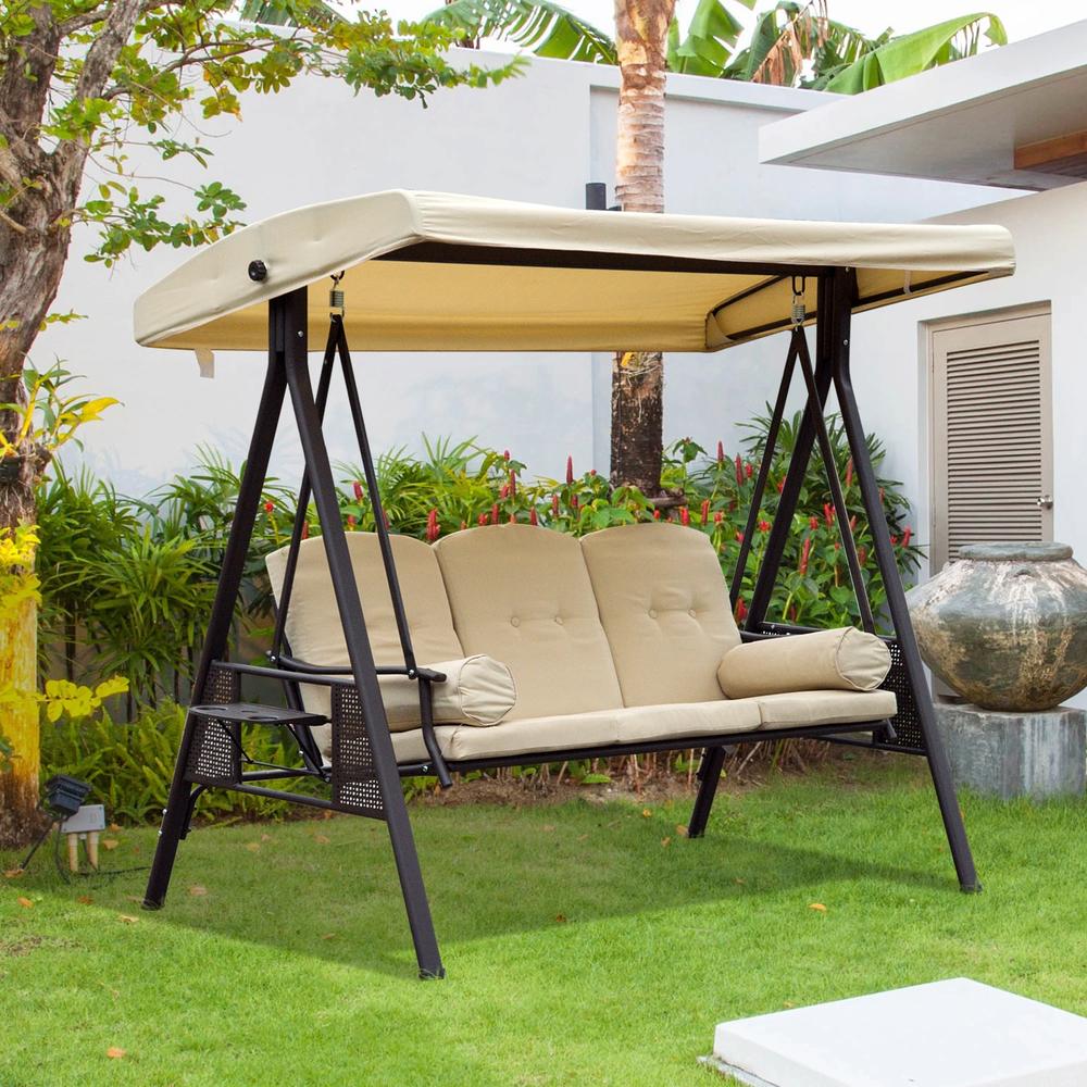 Outsunny Swing Chair Hammock Chair 3 Seater Canopy Cushion Shelter Outdoor Bench Steel Beige 14