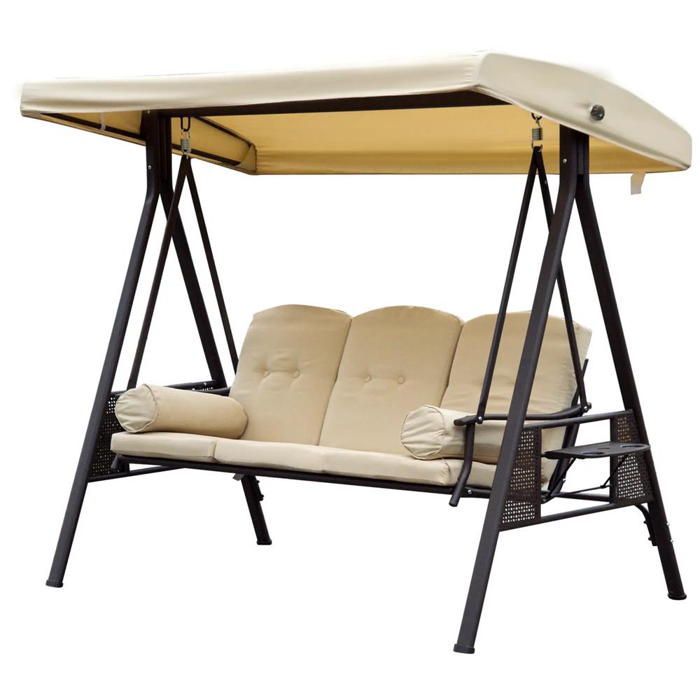 Outsunny Swing Chair Hammock Chair 3 Seater Canopy Cushion Shelter Outdoor Bench Steel Beige 15