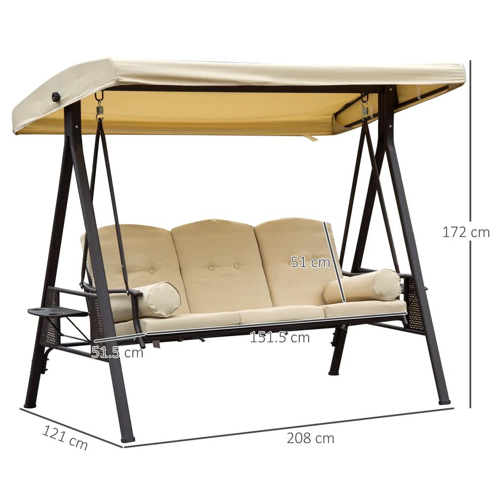 Outsunny Swing Chair Hammock Chair 3 Seater Canopy Cushion Shelter Outdoor Bench Steel Beige 2
