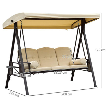 Outsunny Swing Chair Hammock Chair 3 Seater Canopy Cushion Shelter Outdoor Bench Steel Beige 2