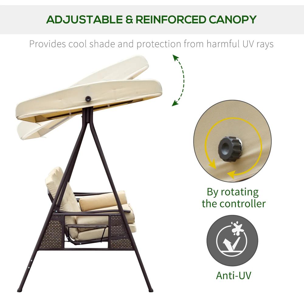 Outsunny Swing Chair Hammock Chair 3 Seater Canopy Cushion Shelter Outdoor Bench Steel Beige 3