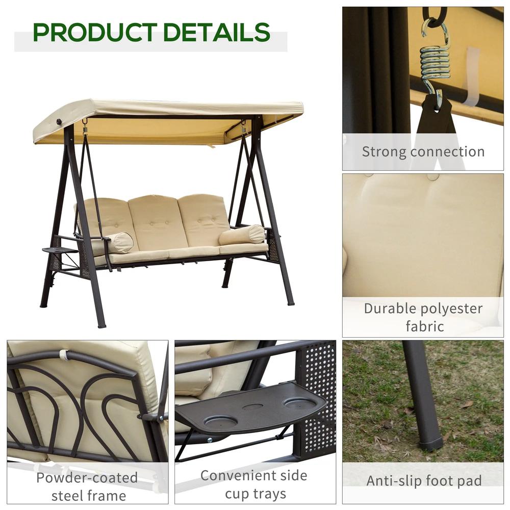 Outsunny Swing Chair Hammock Chair 3 Seater Canopy Cushion Shelter Outdoor Bench Steel Beige 5