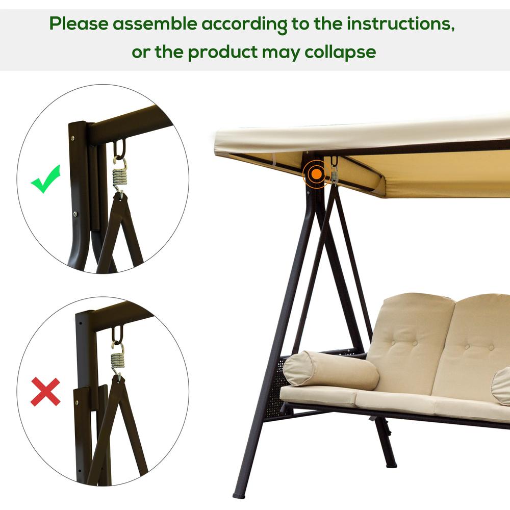 Outsunny Swing Chair Hammock Chair 3 Seater Canopy Cushion Shelter Outdoor Bench Steel Beige 7