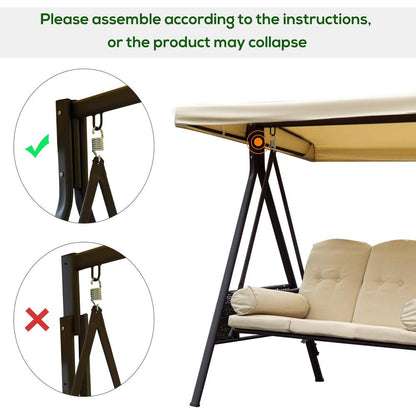 Outsunny Swing Chair Hammock Chair 3 Seater Canopy Cushion Shelter Outdoor Bench Steel Beige 7