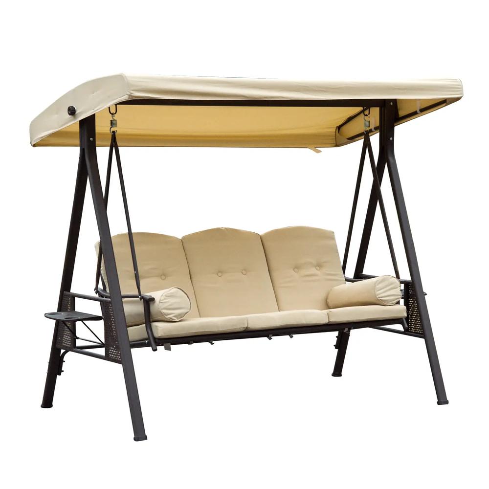 Outsunny Swing Chair Hammock Chair 3 Seater Canopy Cushion Shelter Outdoor Bench Steel Beige 