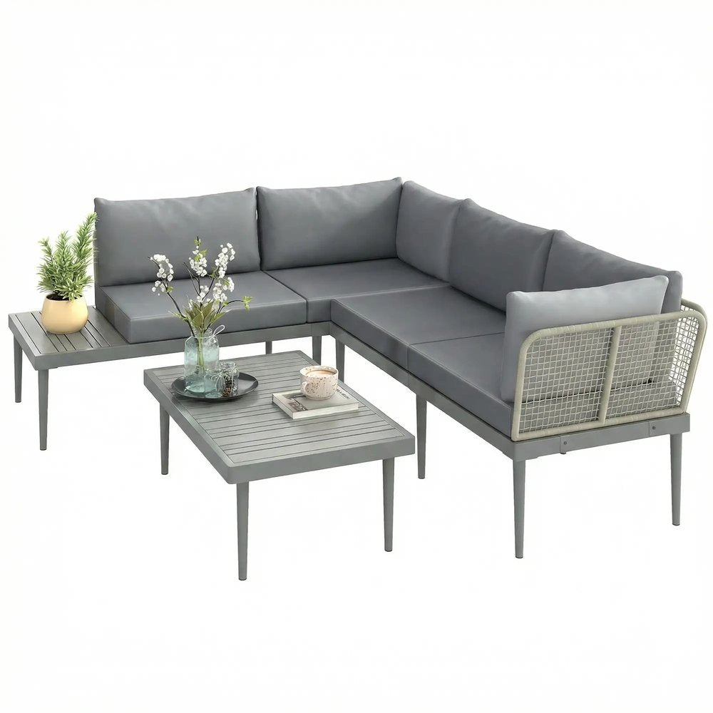 Outsunny Thee-Piece 'L' Rattan Sofa Set - Grey 14