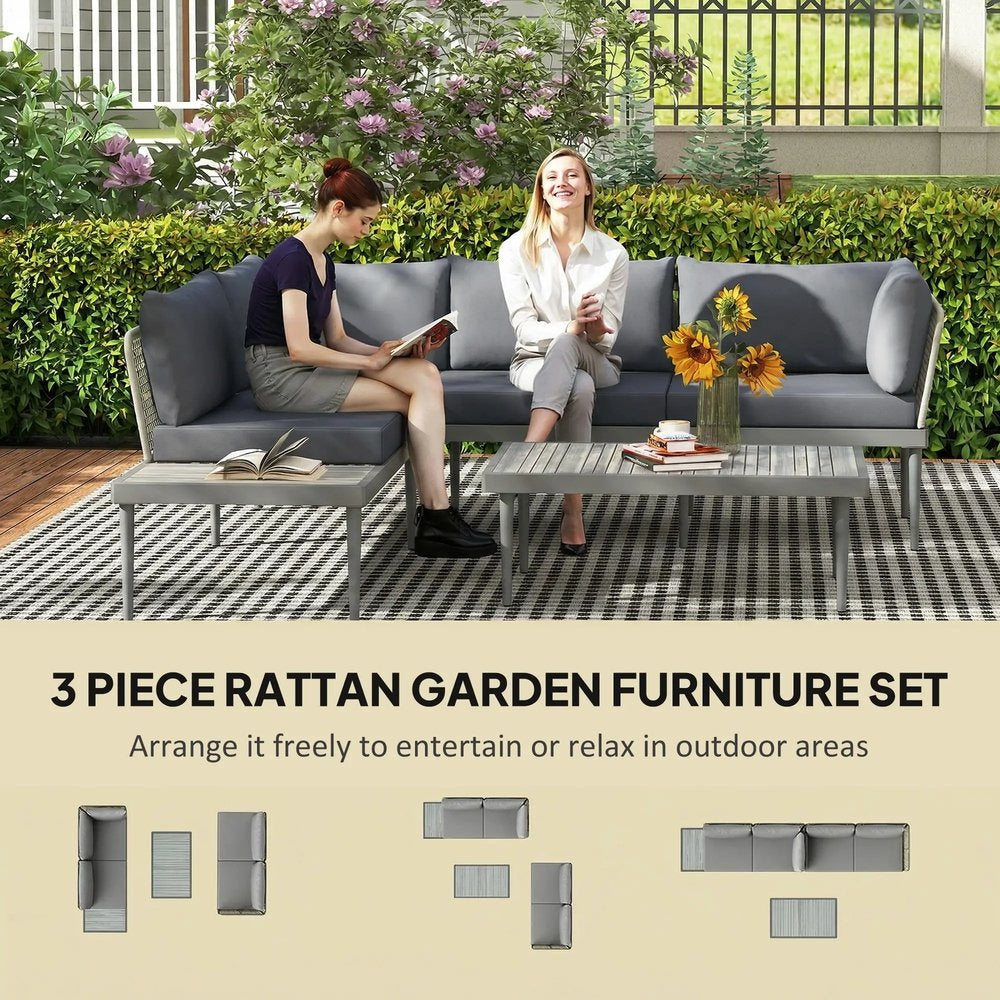 Outsunny Thee-Piece 'L' Rattan Sofa Set - Grey 3