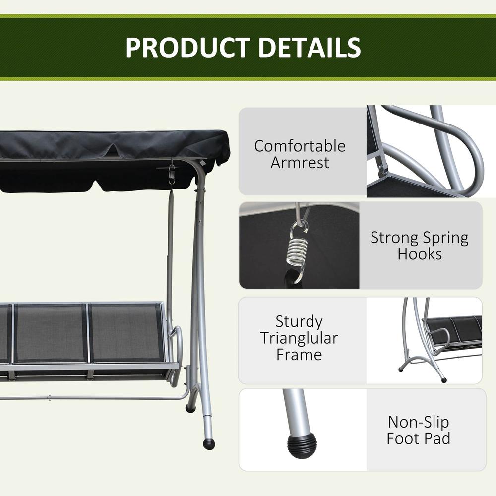 Outsunny Three Person Steel Outdoor Porch Swing Chair Bench w/ Canopy Cover 16
