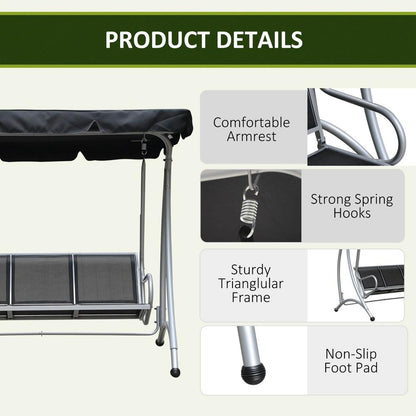 Outsunny Three Person Steel Outdoor Porch Swing Chair Bench w/ Canopy Cover 16
