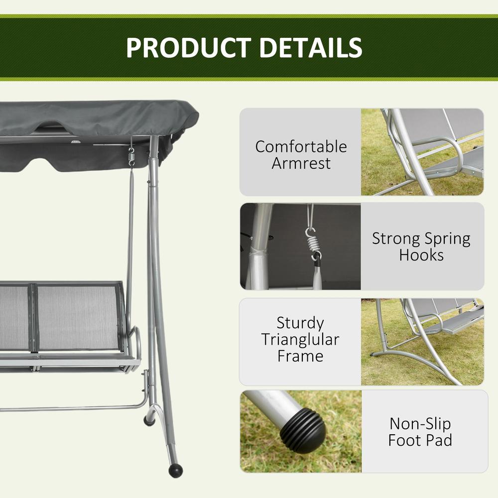 Outsunny Three Person Steel Outdoor Porch Swing Chair Bench w/ Canopy Cover 5