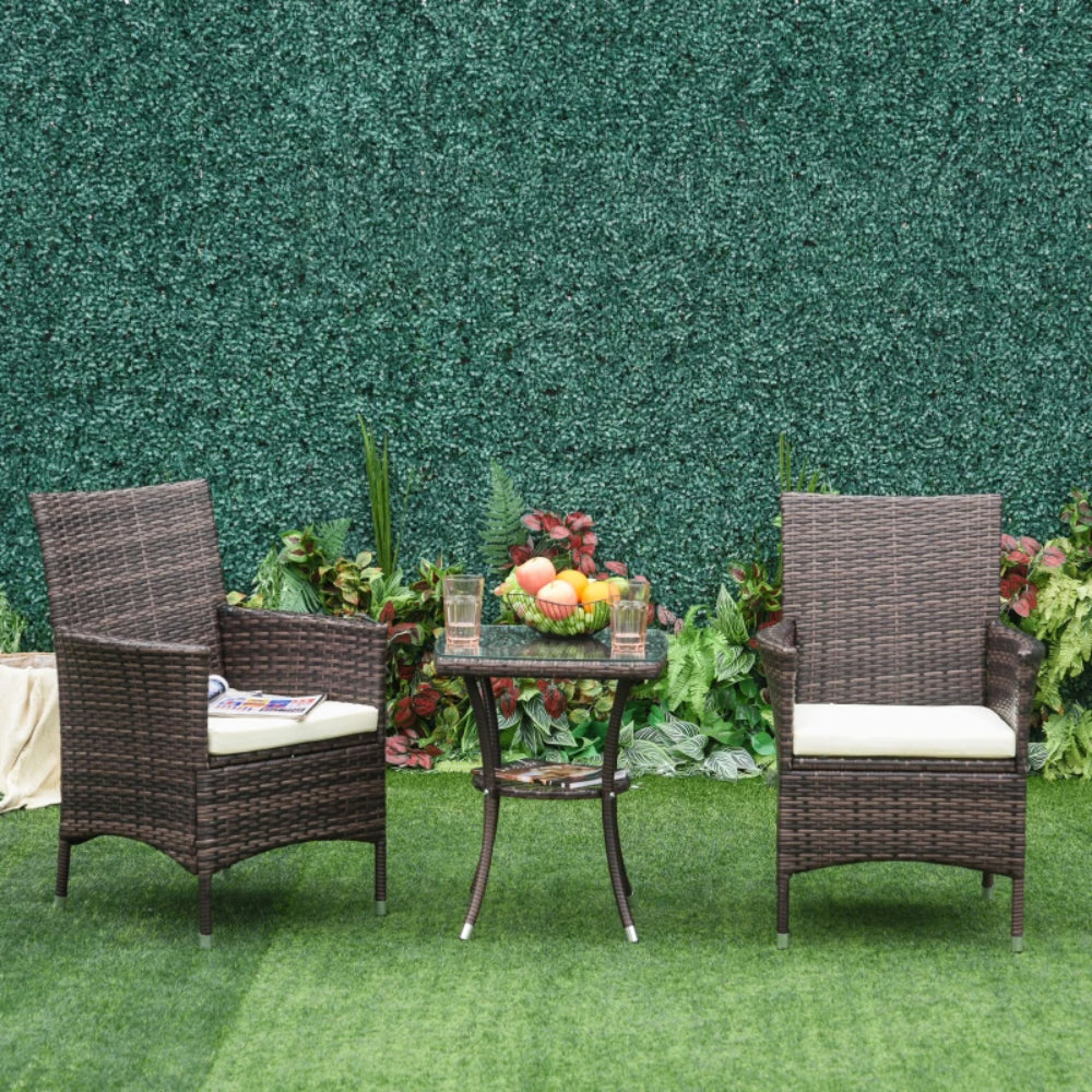 Outsunny Three-Piece Rattan Chair Set, with Cushions - Brown