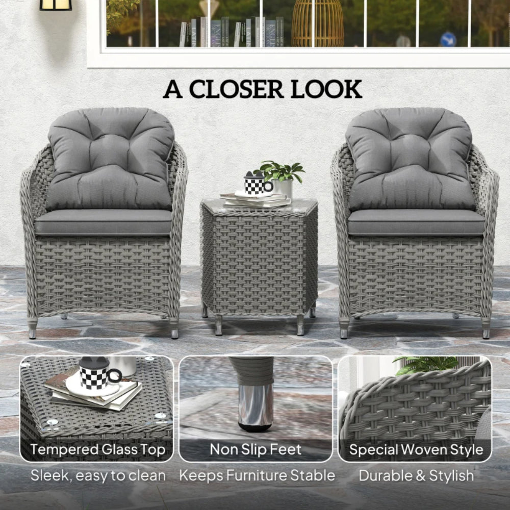 Outsunny Three-Piece Super Padded Rattan Set - Light Grey