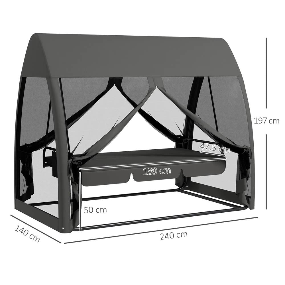 Outsunny Three-Seater Convertible Swing Chair/Bed, with Curtained Canopy - Grey 2