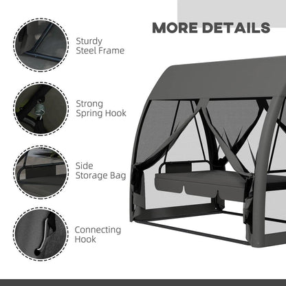 Outsunny Three-Seater Convertible Swing Chair/Bed, with Curtained Canopy - Grey 6