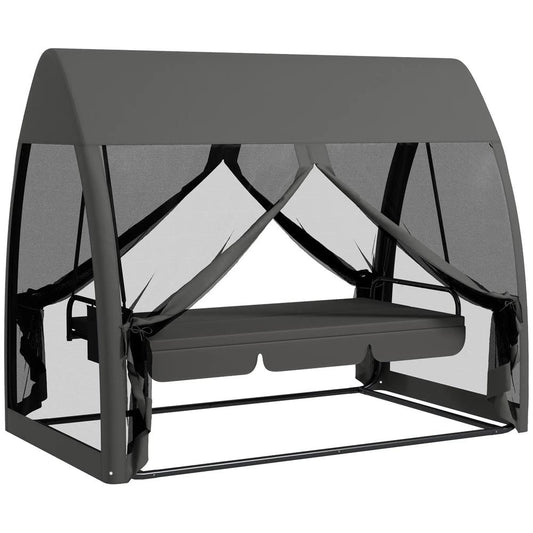 Outsunny Three-Seater Convertible Swing Chair/Bed, with Curtained Canopy - Grey 