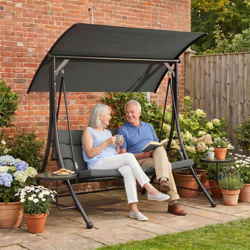 Outsunny Three-Seater Garden Swing, with Adjustable Canopy - Black/Grey 1