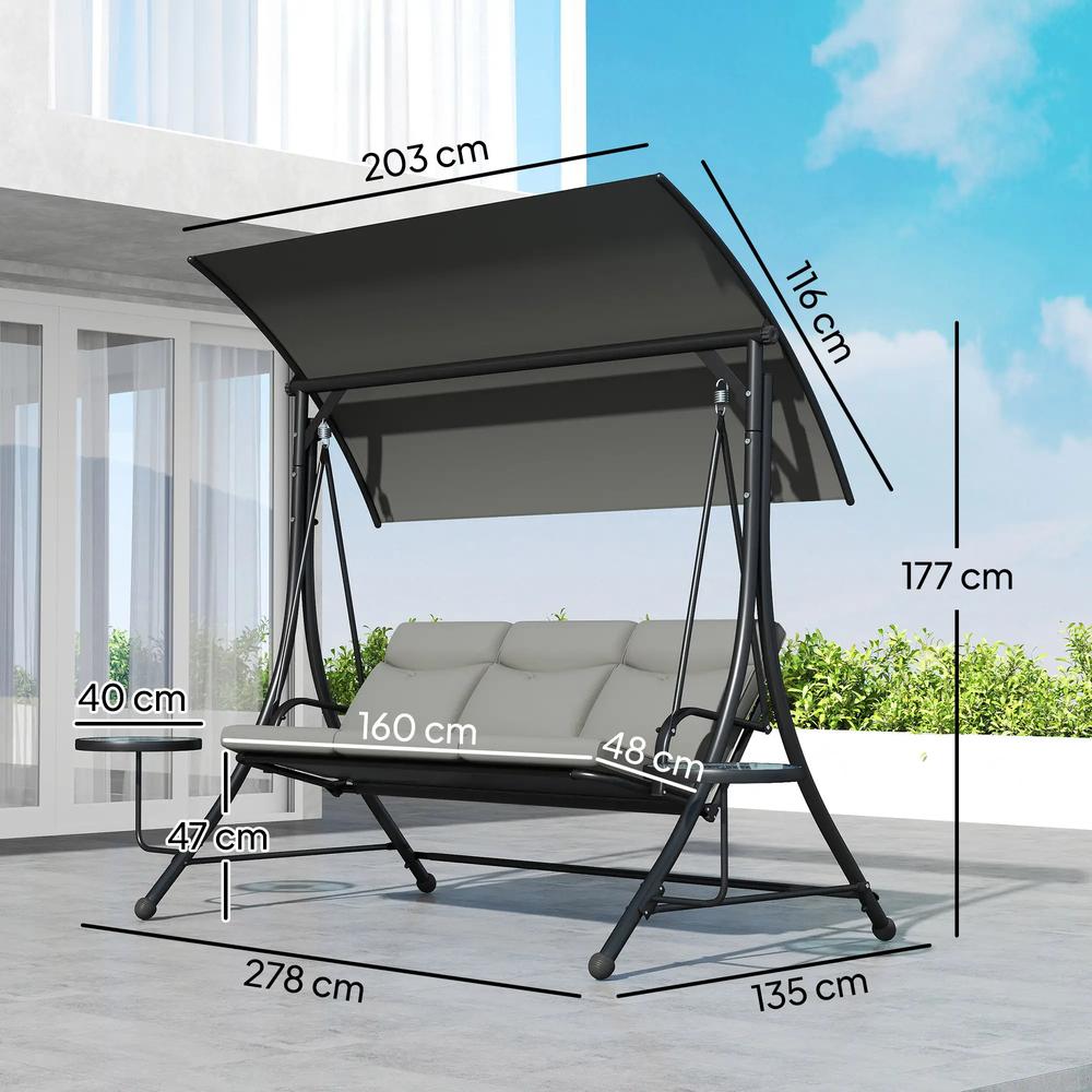 Outsunny Three-Seater Garden Swing, with Adjustable Canopy - Black/Grey 2