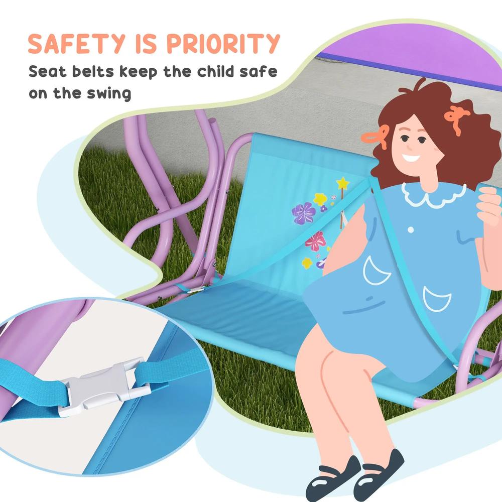 Outsunny Two Seater Kids Garden Swing, Fairy Themed kids Swing Chair with Adjustable Canopy, Safety Belts for Outdoor Use 6
