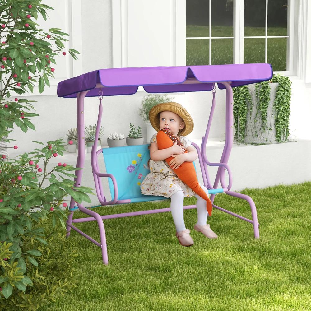 Outsunny Two Seater Kids Garden Swing, Fairy Themed kids Swing Chair with Adjustable Canopy, Safety Belts for Outdoor Use 9