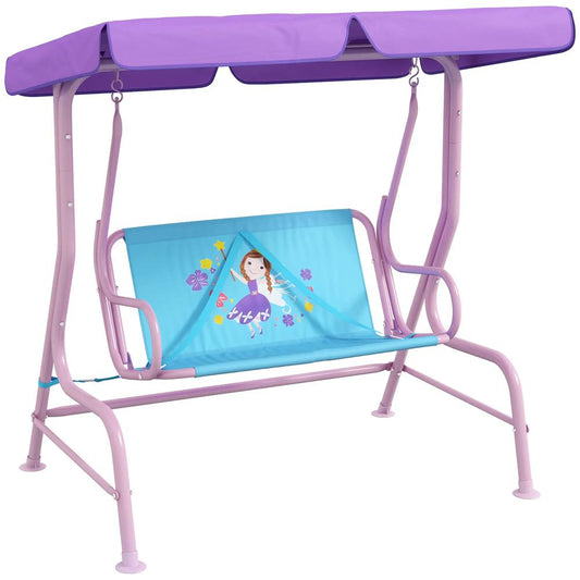 Outsunny Two Seater Kids Garden Swing, Fairy Themed kids Swing Chair with Adjustable Canopy, Safety Belts for Outdoor Use 