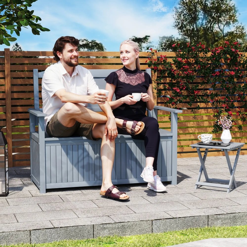 Outsunny Two-Seater Wooden Storage Bench - Grey 1