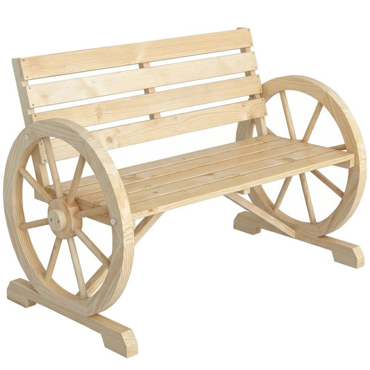 Outsunny Wagon Wheel Chair Bench Armrest Rustic Loveseat Wood Outdoor Garden, Natural 