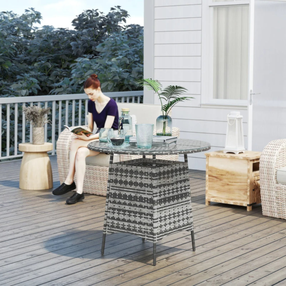 Outsunny Wicker Garden Rattan Table, Patio Furniture Outdoor Coffee Table with Umbrella Hole and Tempered Glass Top