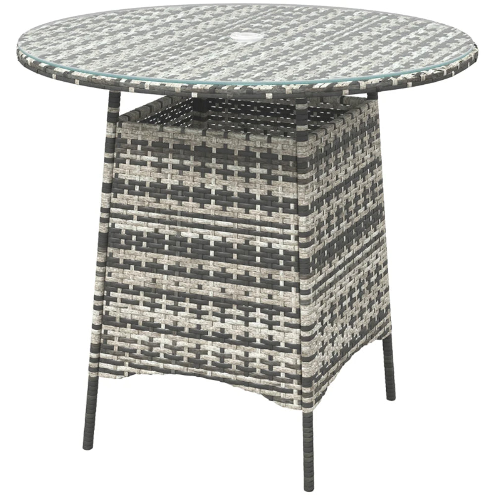 Outsunny Wicker Garden Rattan Table, Patio Furniture Outdoor Coffee Table with Umbrella Hole and Tempered Glass Top