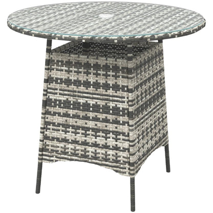 Outsunny Wicker Garden Rattan Table, Patio Furniture Outdoor Coffee Table with Umbrella Hole and Tempered Glass Top
