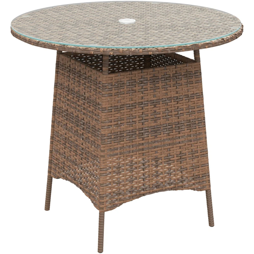 Outsunny Wicker Garden Rattan Table, Patio Furniture Outdoor Coffee Table with Umbrella Hole and Tempered Glass Top