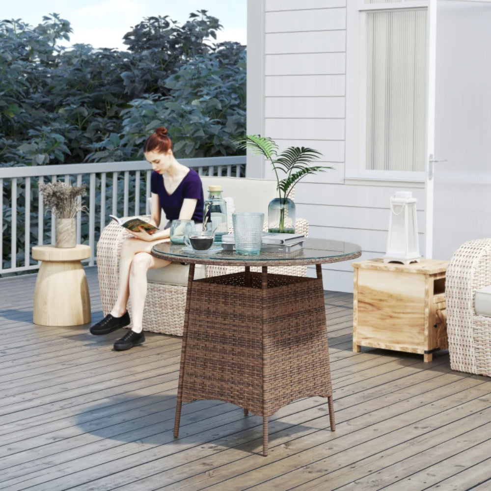 Outsunny Wicker Garden Rattan Table, Patio Furniture Outdoor Coffee Table with Umbrella Hole and Tempered Glass Top