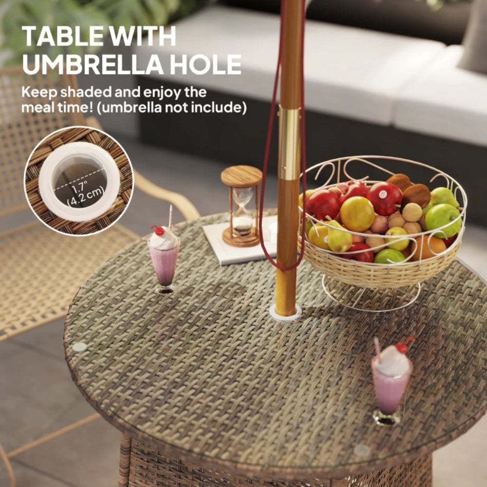 Outsunny Wicker Garden Rattan Table, Patio Furniture Outdoor Coffee Table with Umbrella Hole and Tempered Glass Top