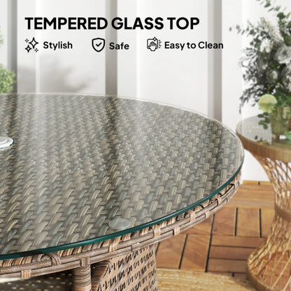 Outsunny Wicker Garden Rattan Table, Patio Furniture Outdoor Coffee Table with Umbrella Hole and Tempered Glass Top