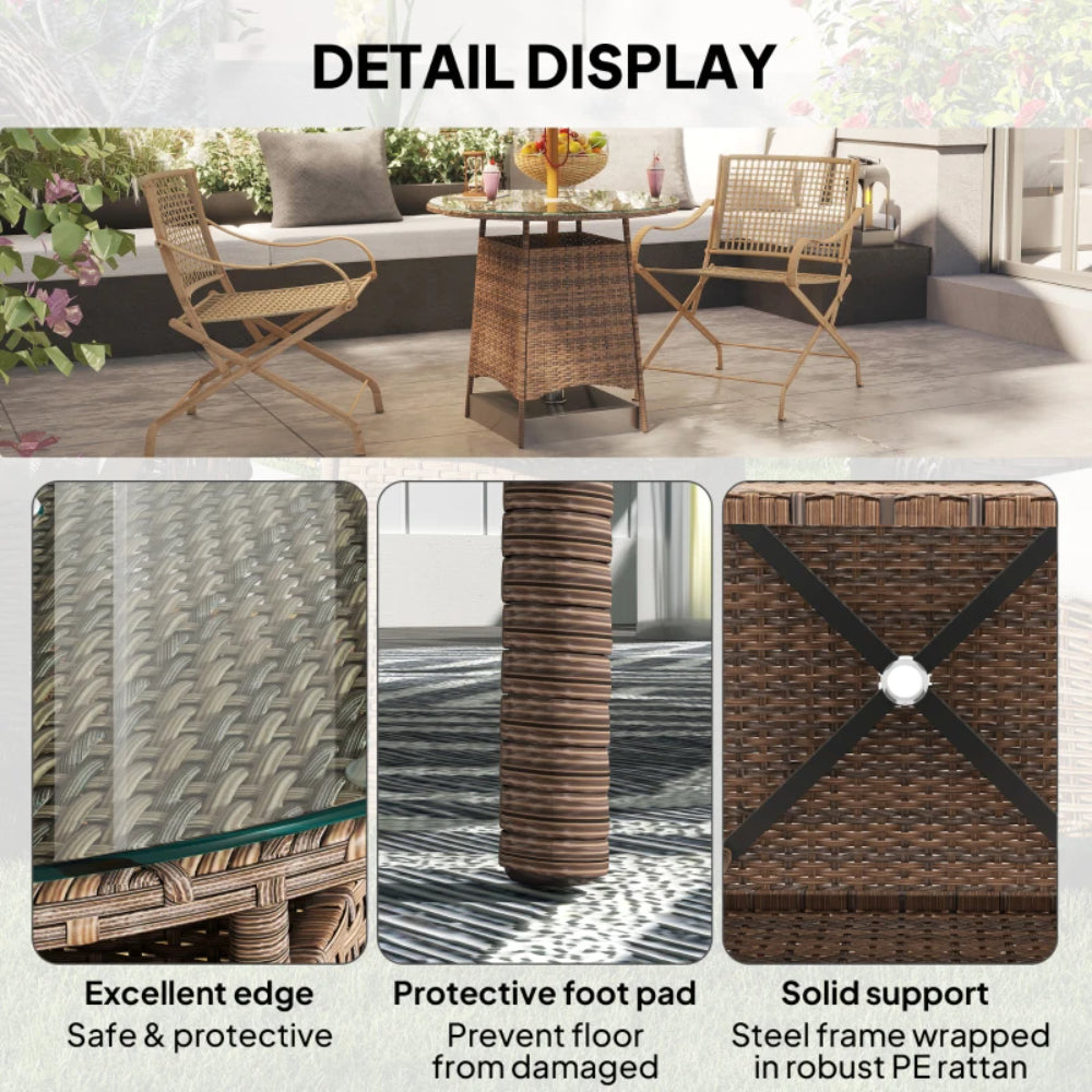Outsunny Wicker Garden Rattan Table, Patio Furniture Outdoor Coffee Table with Umbrella Hole and Tempered Glass Top