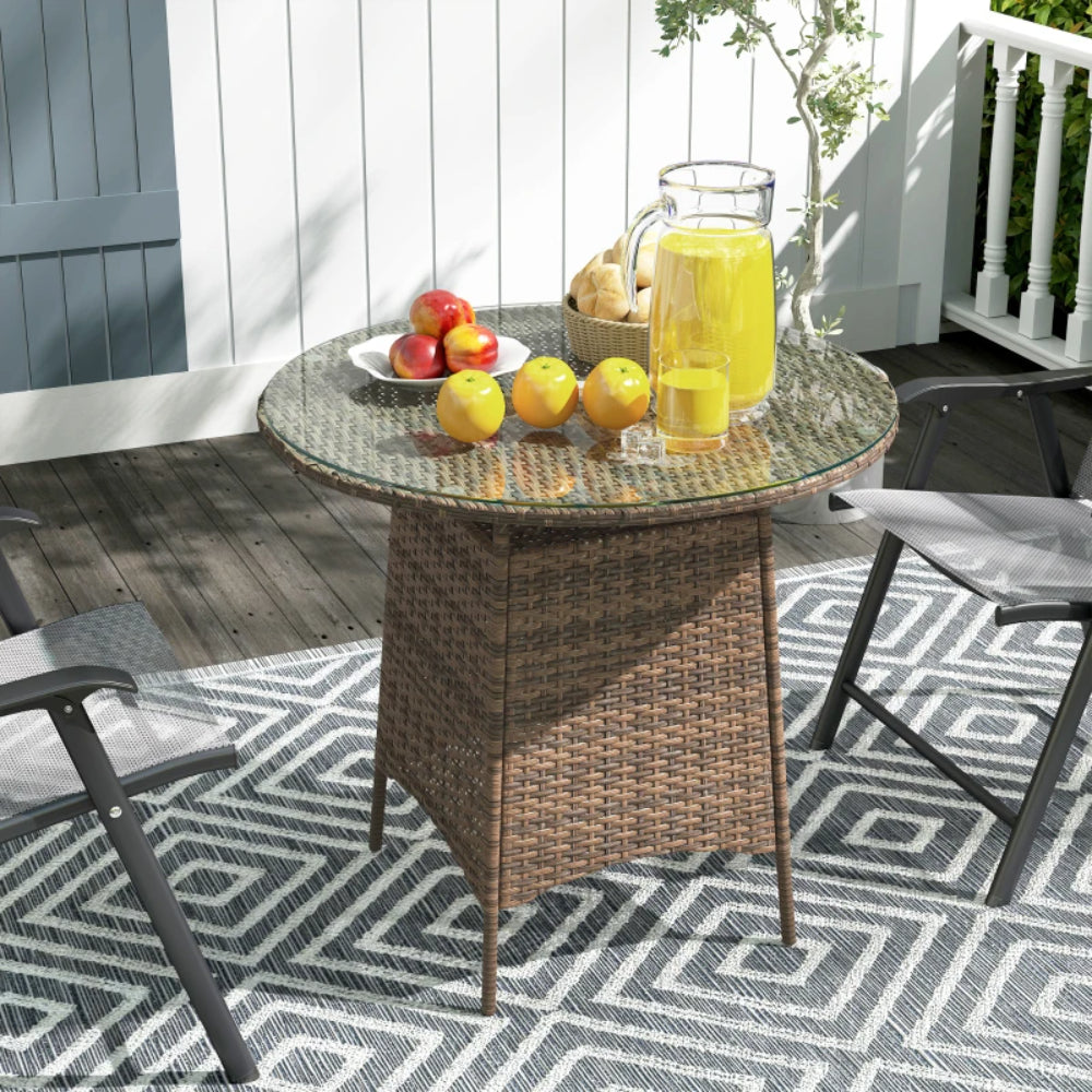 Outsunny Wicker Garden Rattan Table, Patio Furniture Outdoor Coffee Table with Umbrella Hole and Tempered Glass Top