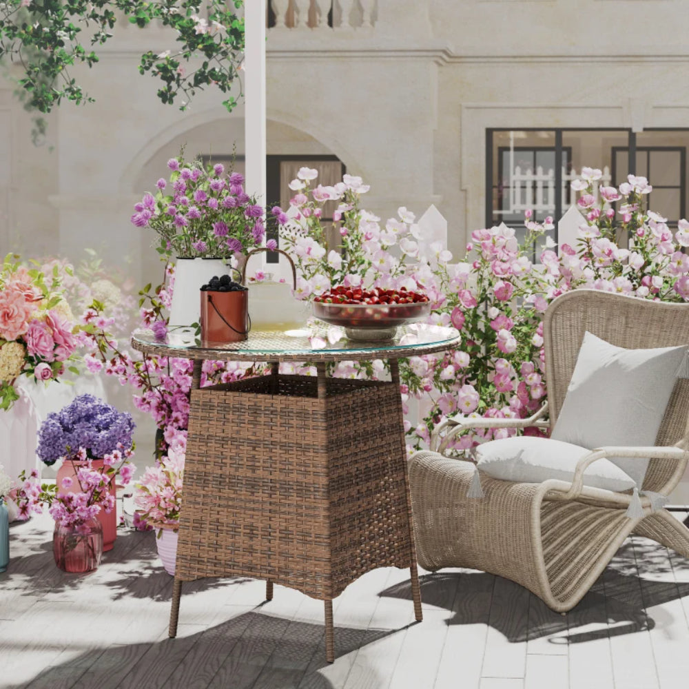 Outsunny Wicker Garden Rattan Table, Patio Furniture Outdoor Coffee Table with Umbrella Hole and Tempered Glass Top