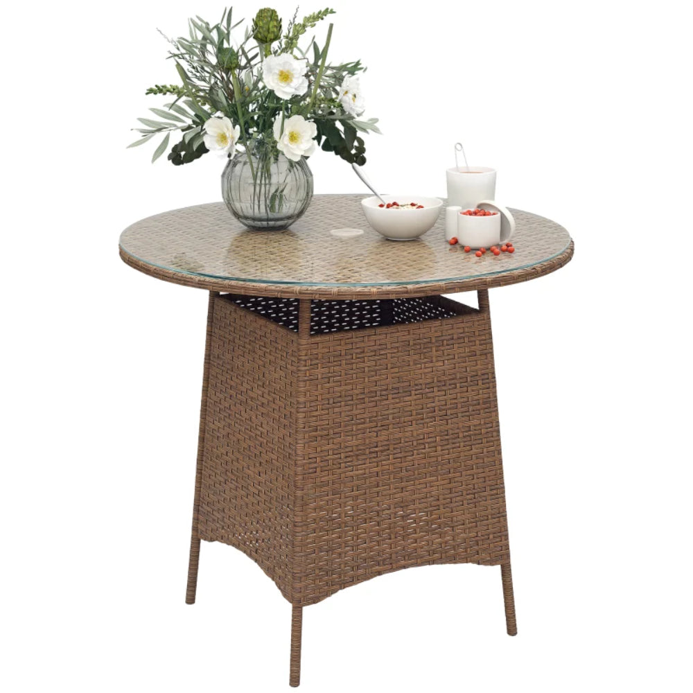 Outsunny Wicker Garden Rattan Table, Patio Furniture Outdoor Coffee Table with Umbrella Hole and Tempered Glass Top