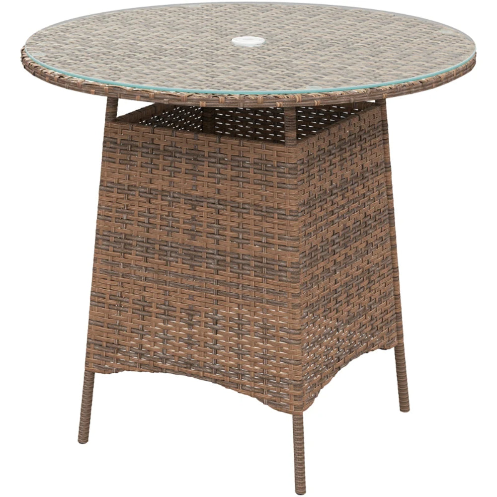 Outsunny Wicker Garden Rattan Table, Patio Furniture Outdoor Coffee Table with Umbrella Hole and Tempered Glass Top
