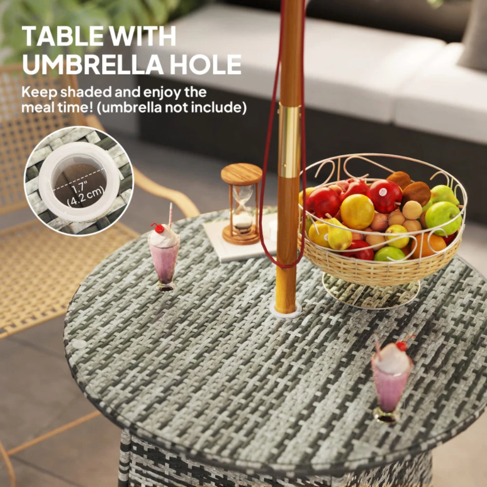 Outsunny Wicker Garden Rattan Table, Patio Furniture Outdoor Coffee Table with Umbrella Hole and Tempered Glass Top