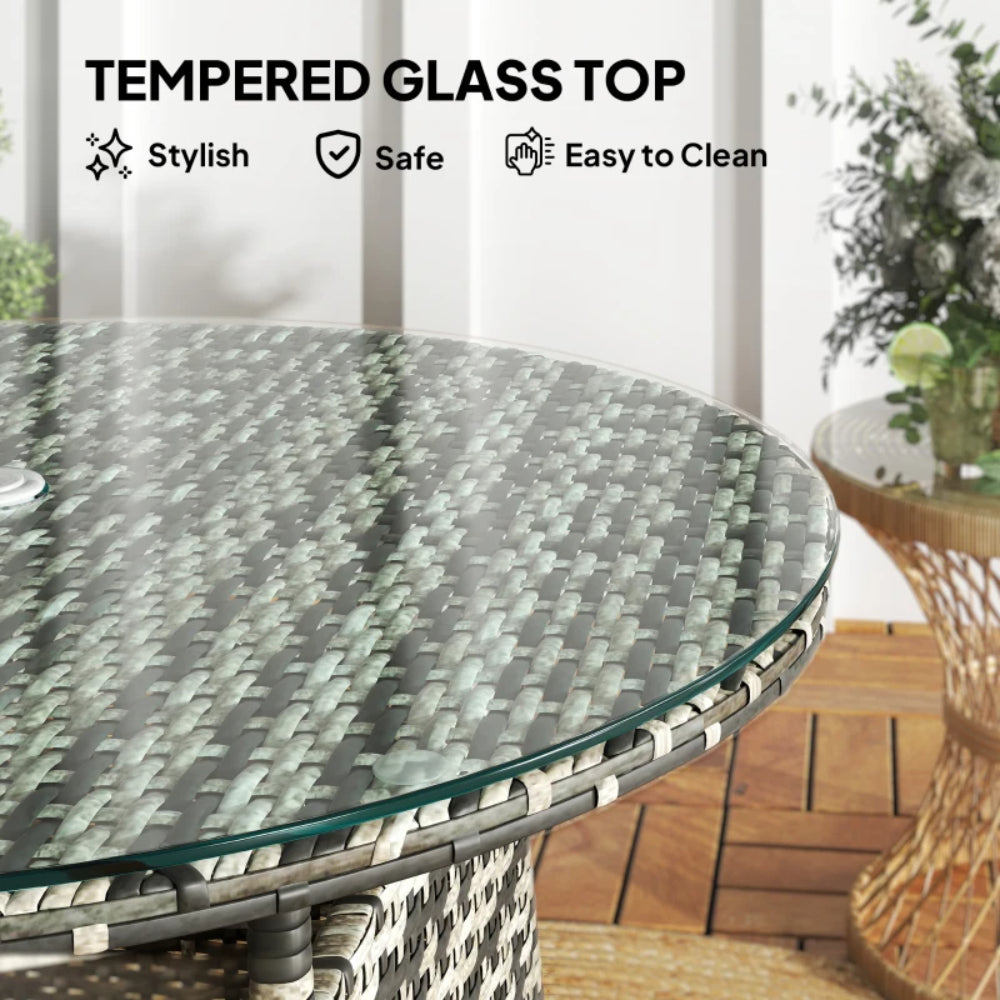 Outsunny Wicker Garden Rattan Table, Patio Furniture Outdoor Coffee Table with Umbrella Hole and Tempered Glass Top