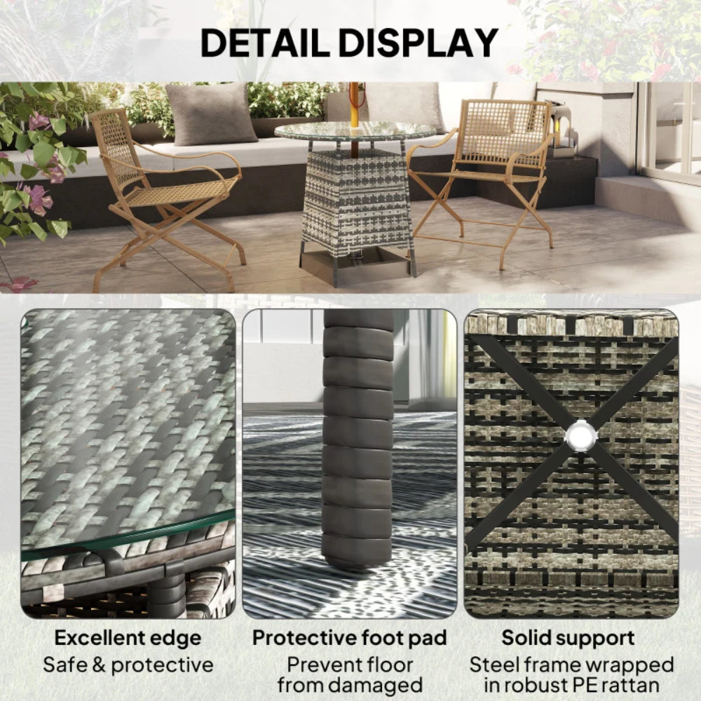 Outsunny Wicker Garden Rattan Table, Patio Furniture Outdoor Coffee Table with Umbrella Hole and Tempered Glass Top