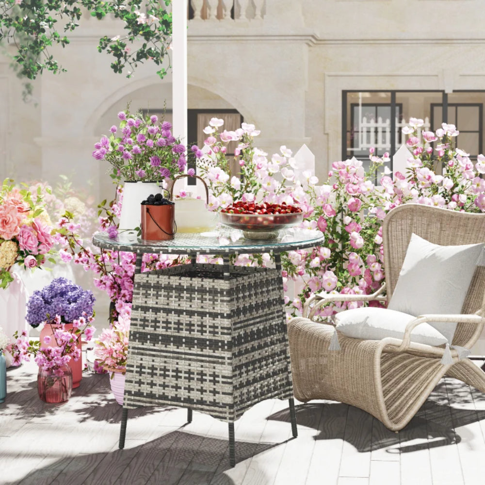 Outsunny Wicker Garden Rattan Table, Patio Furniture Outdoor Coffee Table with Umbrella Hole and Tempered Glass Top