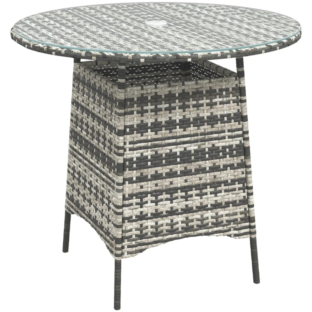 Outsunny Wicker Garden Rattan Table, Patio Furniture Outdoor Coffee Table with Umbrella Hole and Tempered Glass Top