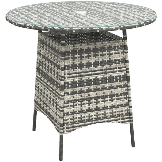 Outsunny Wicker Garden Rattan Table, Patio Furniture Outdoor Coffee Table with Umbrella Hole and Tempered Glass Top