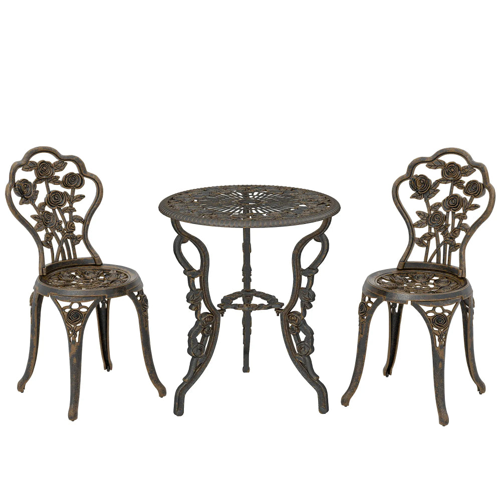 Outsunny Garden Bistro Set with Umbrella Hole, 3 Piece Cast Aluminium Garden Furniture Set, Antique Floral Round Coffee Table and Chairs, Small Balcony Furniture for Outdoor, Patio, Brown Tone 