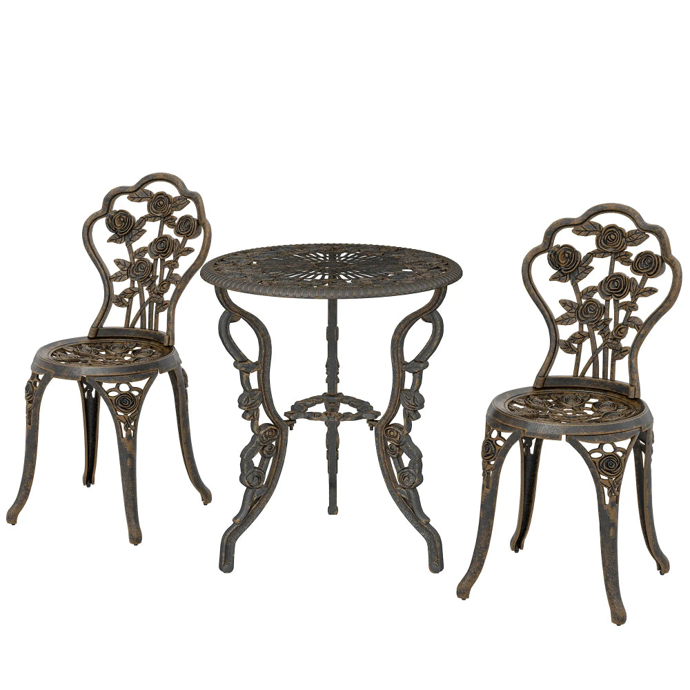 Outsunny Garden Bistro Set with Umbrella Hole, 3 Piece Cast Aluminium Garden Furniture Set, Antique Floral Round Coffee Table and Chairs, Small Balcony Furniture for Outdoor, Patio, Brown Tone 10