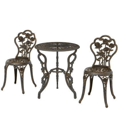 Outsunny Garden Bistro Set with Umbrella Hole, 3 Piece Cast Aluminium Garden Furniture Set, Antique Floral Round Coffee Table and Chairs, Small Balcony Furniture for Outdoor, Patio, Brown Tone 10