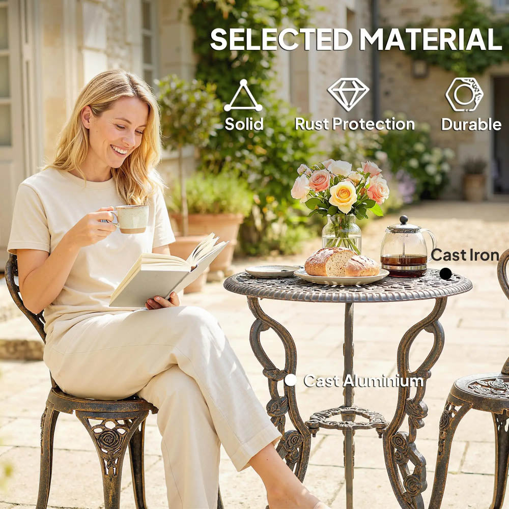Outsunny Garden Bistro Set with Umbrella Hole, 3 Piece Cast Aluminium Garden Furniture Set, Antique Floral Round Coffee Table and Chairs, Small Balcony Furniture for Outdoor, Patio, Brown Tone 5