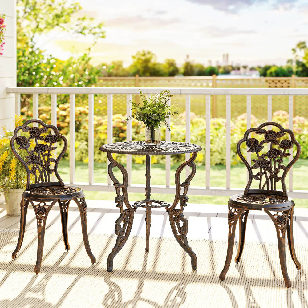 Outsunny Garden Bistro Set with Umbrella Hole, 3 Piece Cast Aluminium Garden Furniture Set, Antique Floral Round Coffee Table and Chairs, Small Balcony Furniture for Outdoor, Patio, Brown Tone 8